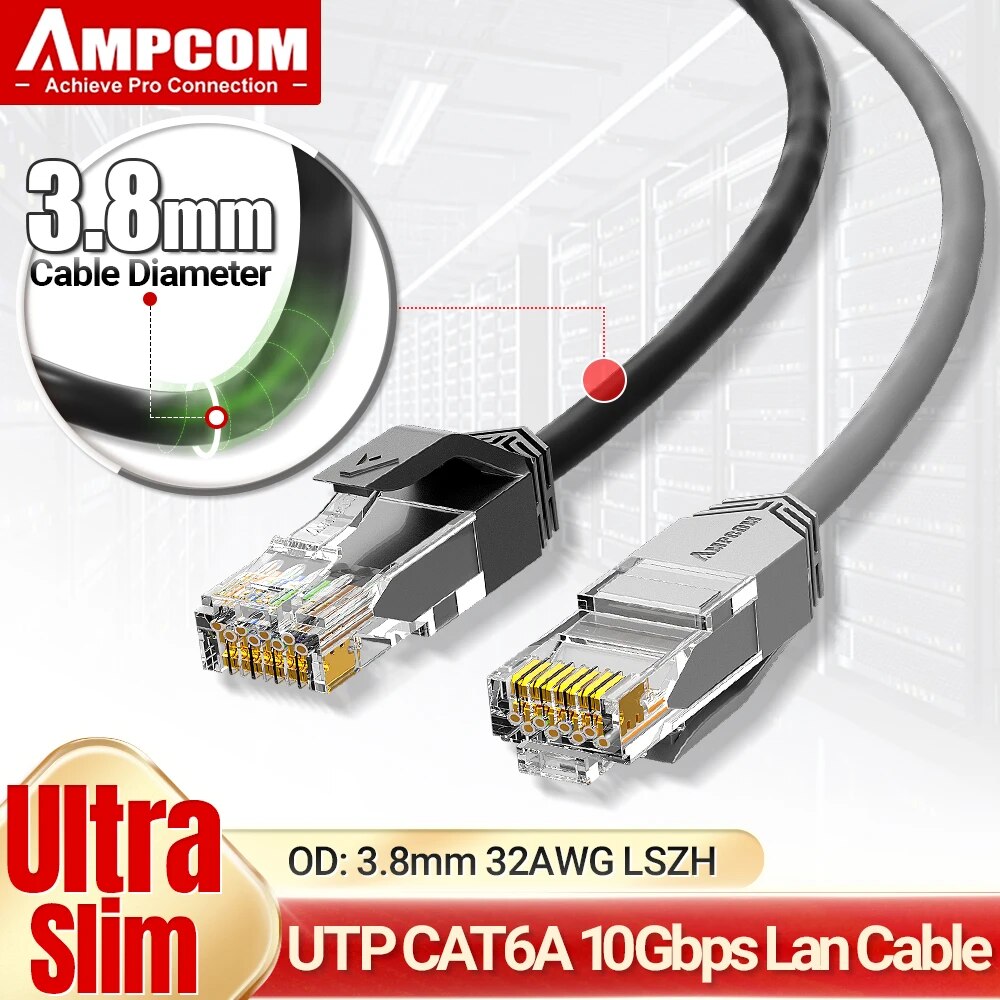 Rj45 Jack - สายเคเบิลเครือข่าย Cat6a บางเฉียบ AMPCOM, สายเคเบิลความเร็วสูง3.8มม. LSZH